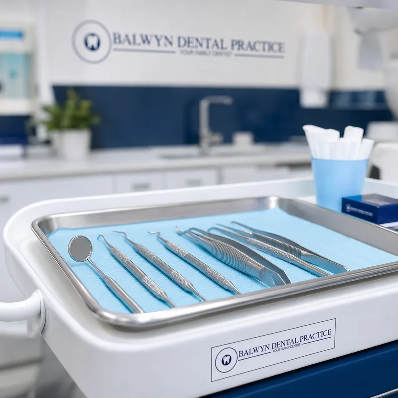 Clean dental instruments and tray prepared before a patient appointment