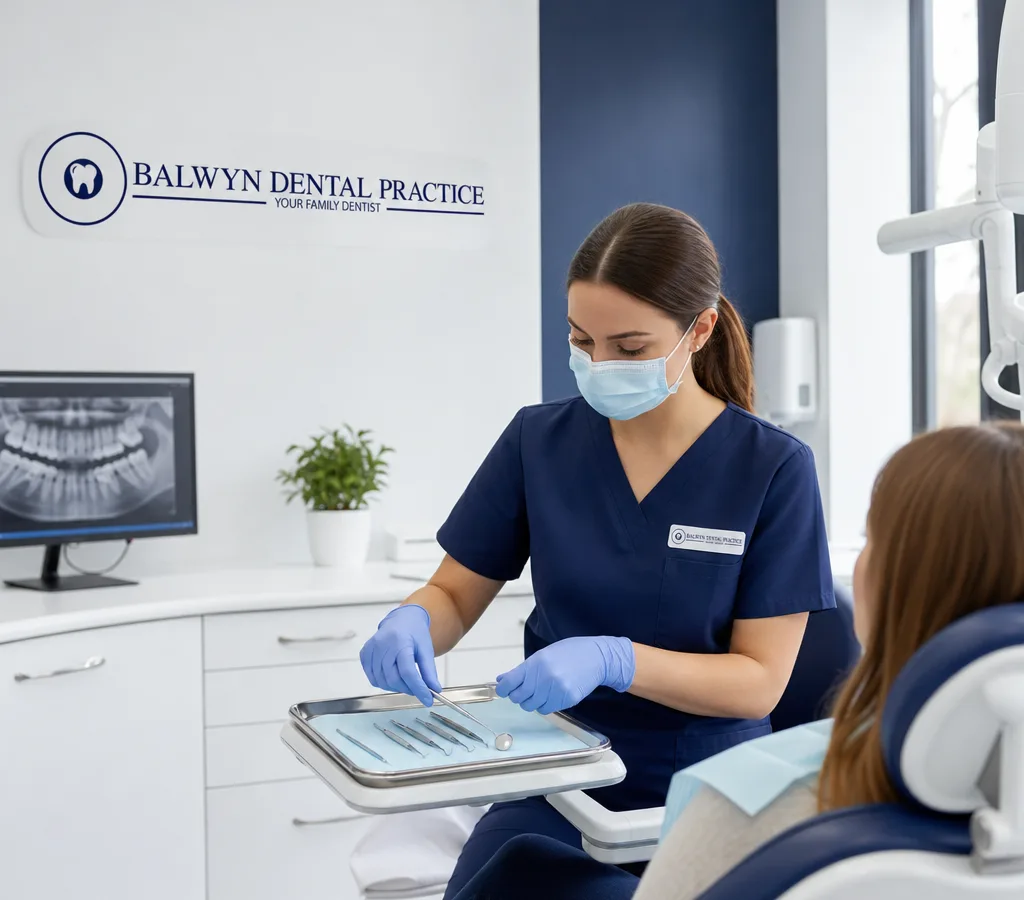 Dentist preparing instruments chairside in a bright Balwyn dental clinic