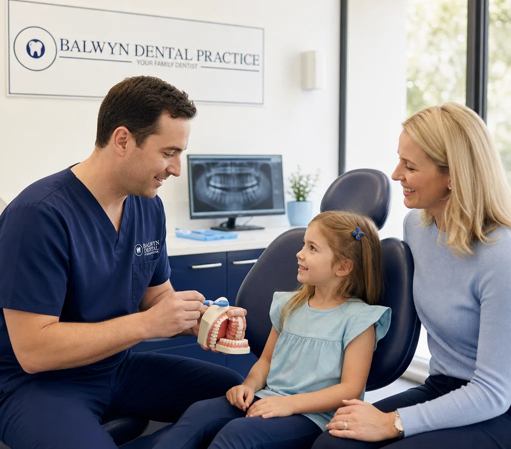 Dentist speaking calmly with a child patient and parent in a friendly dental setting
