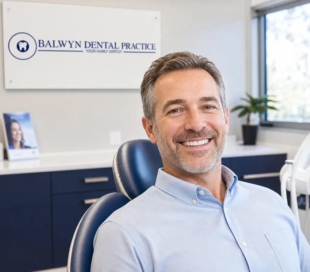 Smiling adult showing a natural-looking result in a modern dental clinic
