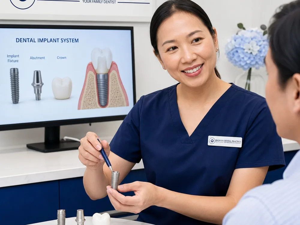 Dental implant fixture, abutment and crown shown in order with a jawbone diagram