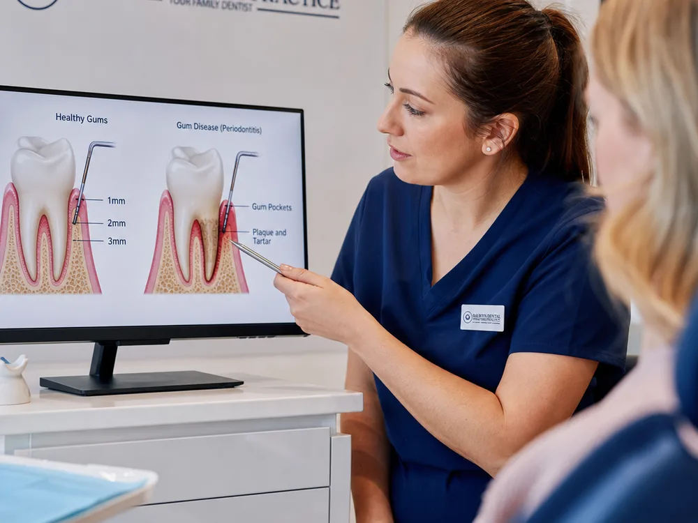 Clinical illustration of gum pocket measurement and deposits beneath the gumline
