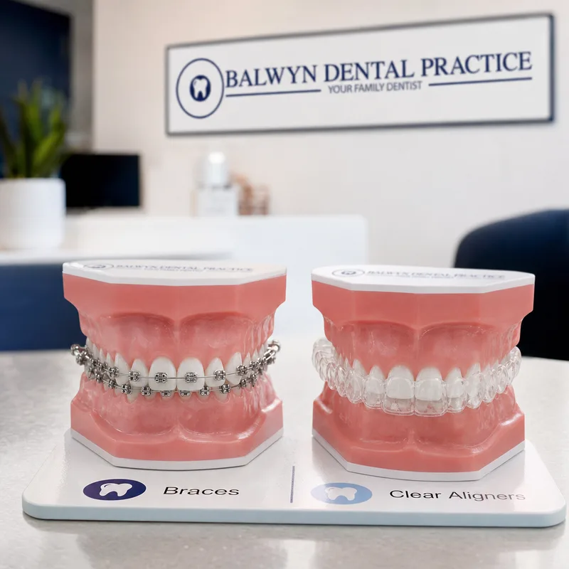 Dental models comparing braces with a clear aligner tray