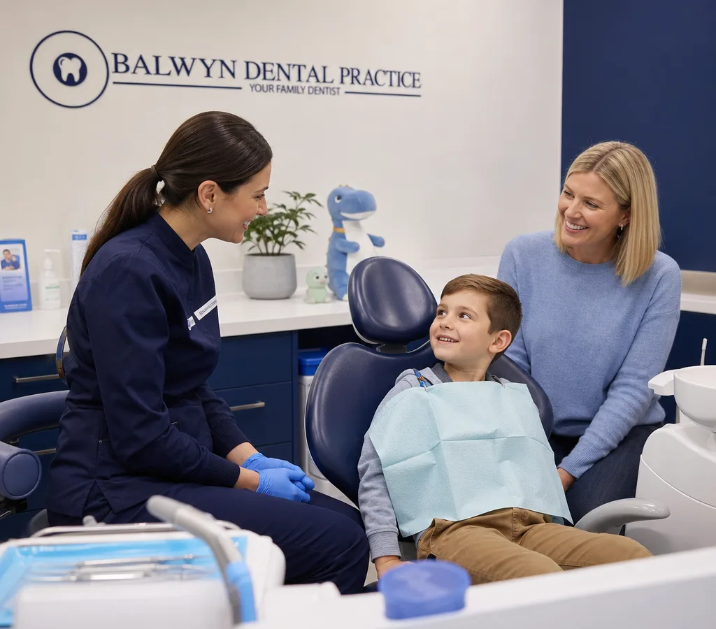 Dentist speaking at eye level with a child in the dental chair while a parent stays nearby