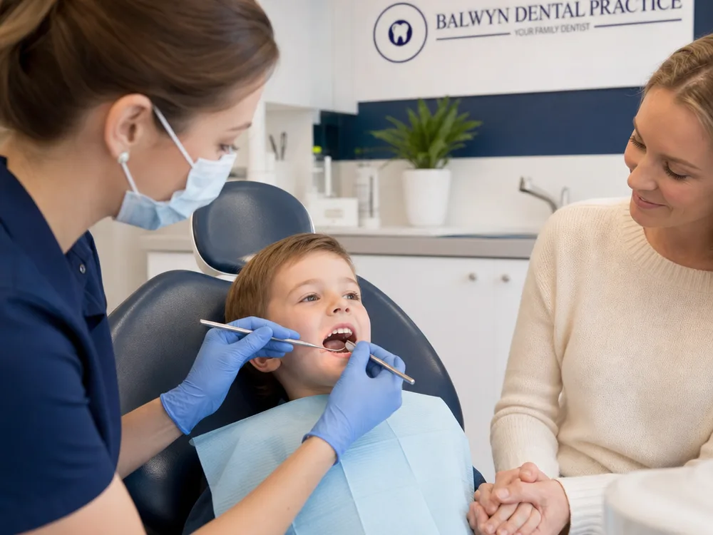 Calm child-friendly dental examination with a parent holding the child's hand